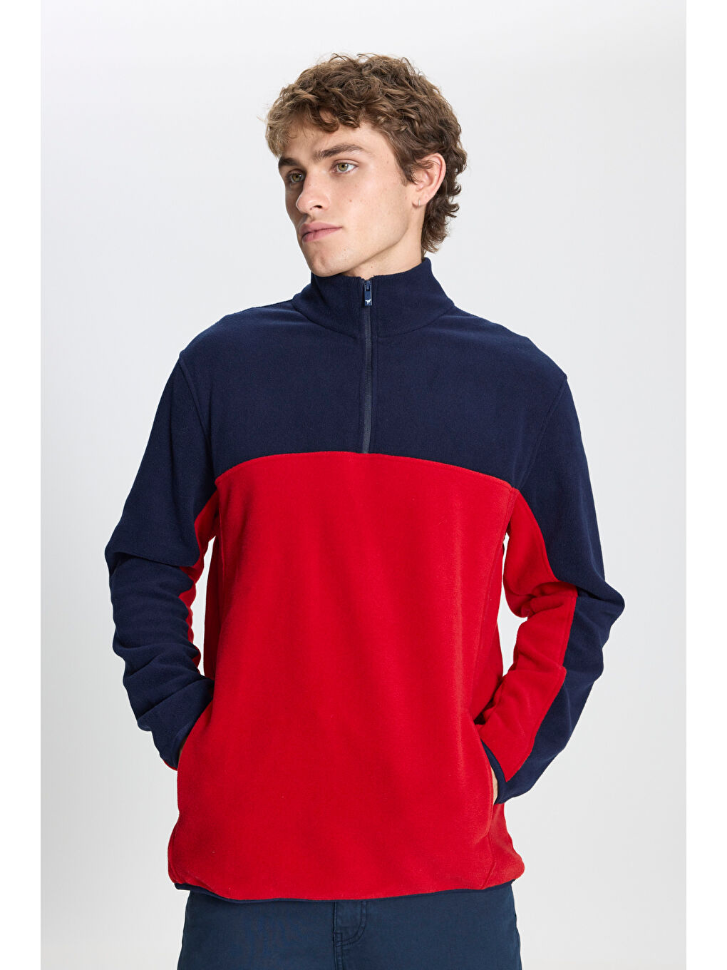 Erkek Lacivert-Kırmızı Standart Fit Dik Yaka İçi Polarlı Çift Renk Polar Sweatshirt-2