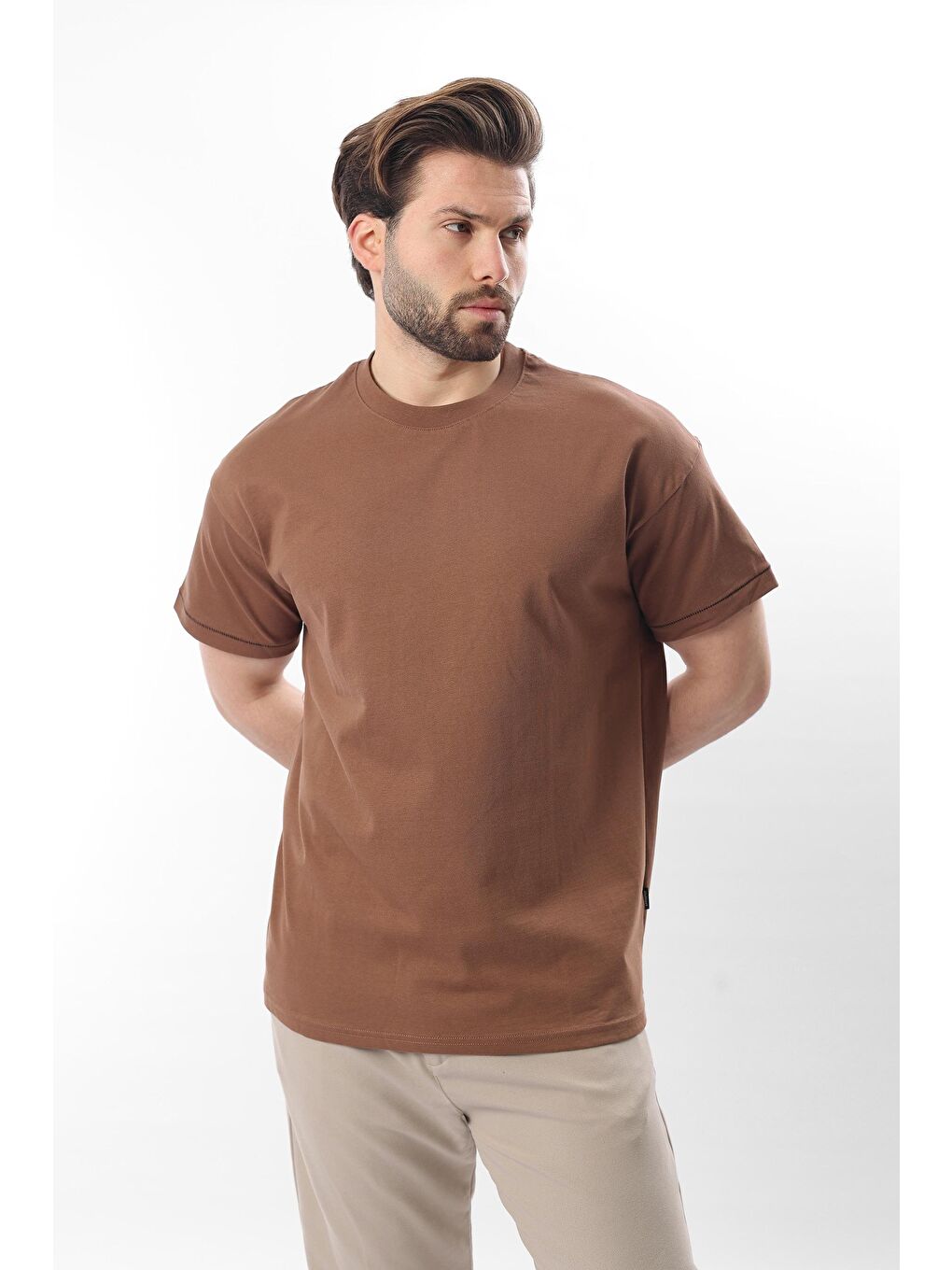 Kahverengi Bisiklet Yaka Çoban Dikişli Overfit Erkek Tişört E7103