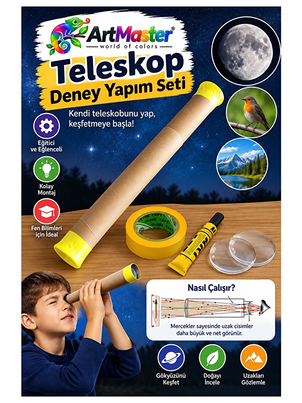 Basit Teleskop Yapım Seti 1 Paket Teleskop Deney Seti Silindir Karton Mercek Okul Sınıf Et