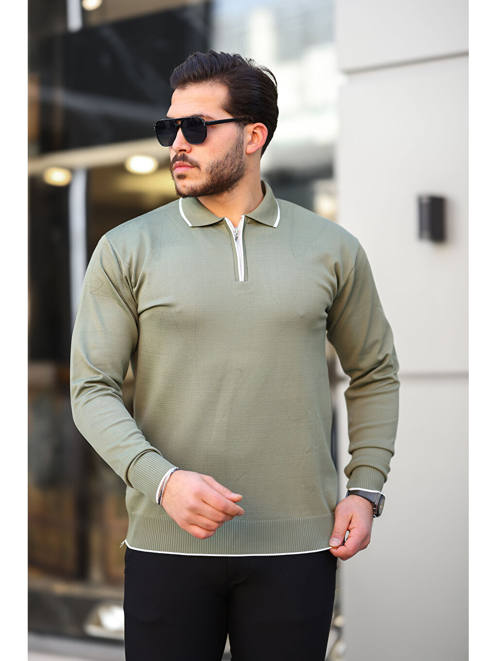 Yeşil Fermuar Yaka Çizgi Detaylı Erkek Kazak