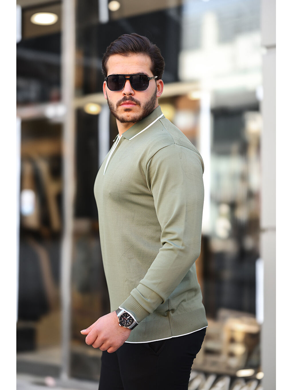 Yeşil Fermuar Yaka Çizgi Detaylı Erkek Kazak-2