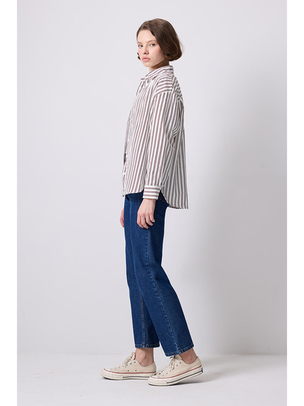 Beyaz Relax Fıt Çizgili Gömlek-2