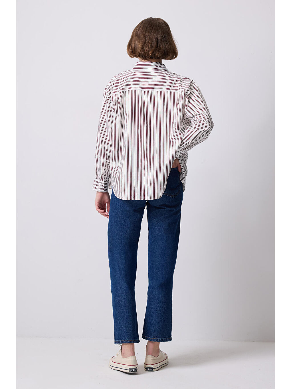 Beyaz Relax Fıt Çizgili Gömlek-3