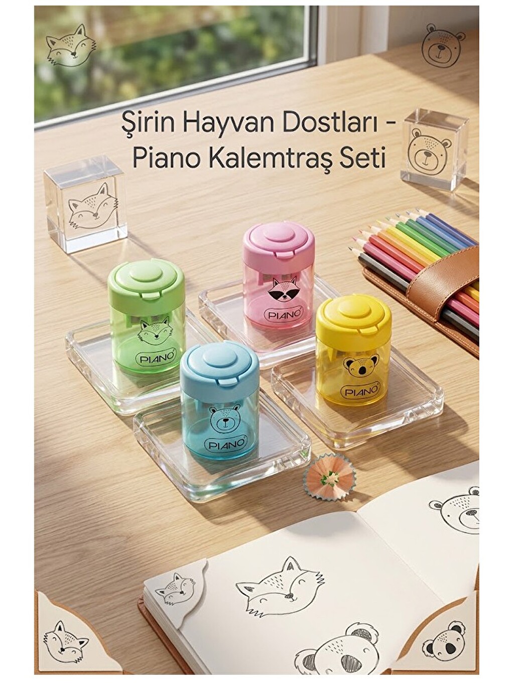 Hayvan Resimli Yuvarlak Kalemtraş 4 Adet Piano 555836 Hazneli Çift Bıçaklı Plastik Kalemtıraş-3