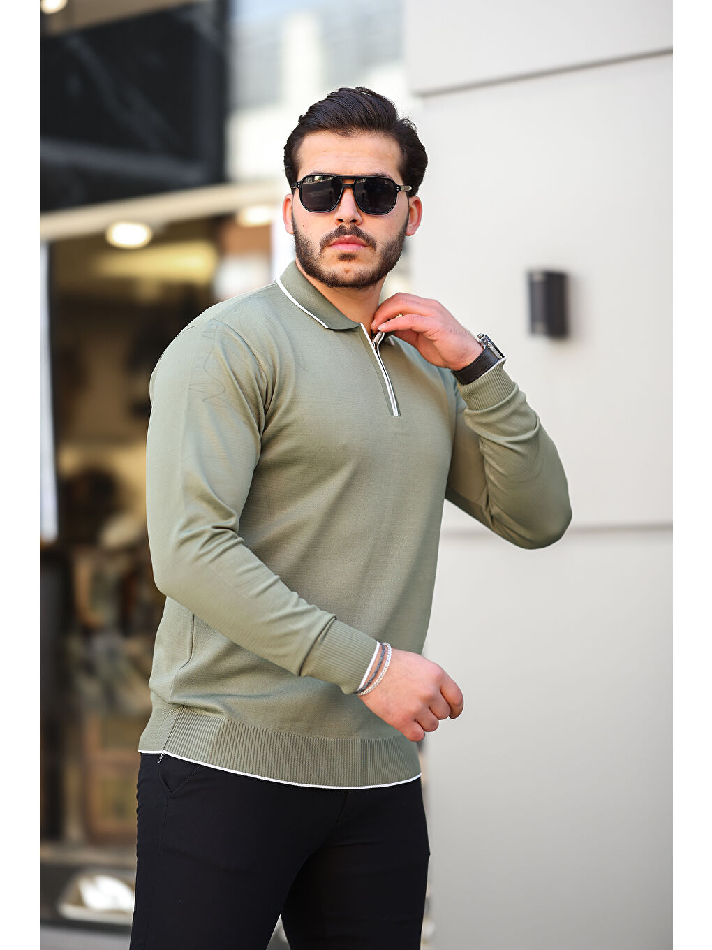 Yeşil Fermuar Yaka Çizgi Detaylı Erkek Kazak-3