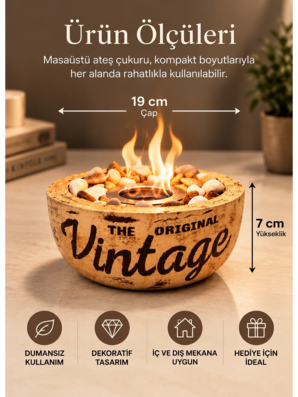 Home-300 Vintage Eskitme Desen El Yapımı Masa Şöminesi Ateş Çukuru (200ml Bioetanol)-1