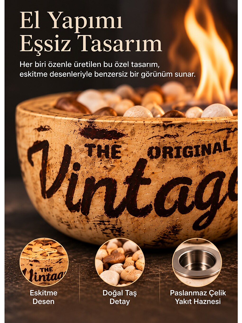 Home-300 Vintage Eskitme Desen El Yapımı Masa Şöminesi Ateş Çukuru (200ml Bioetanol)-2