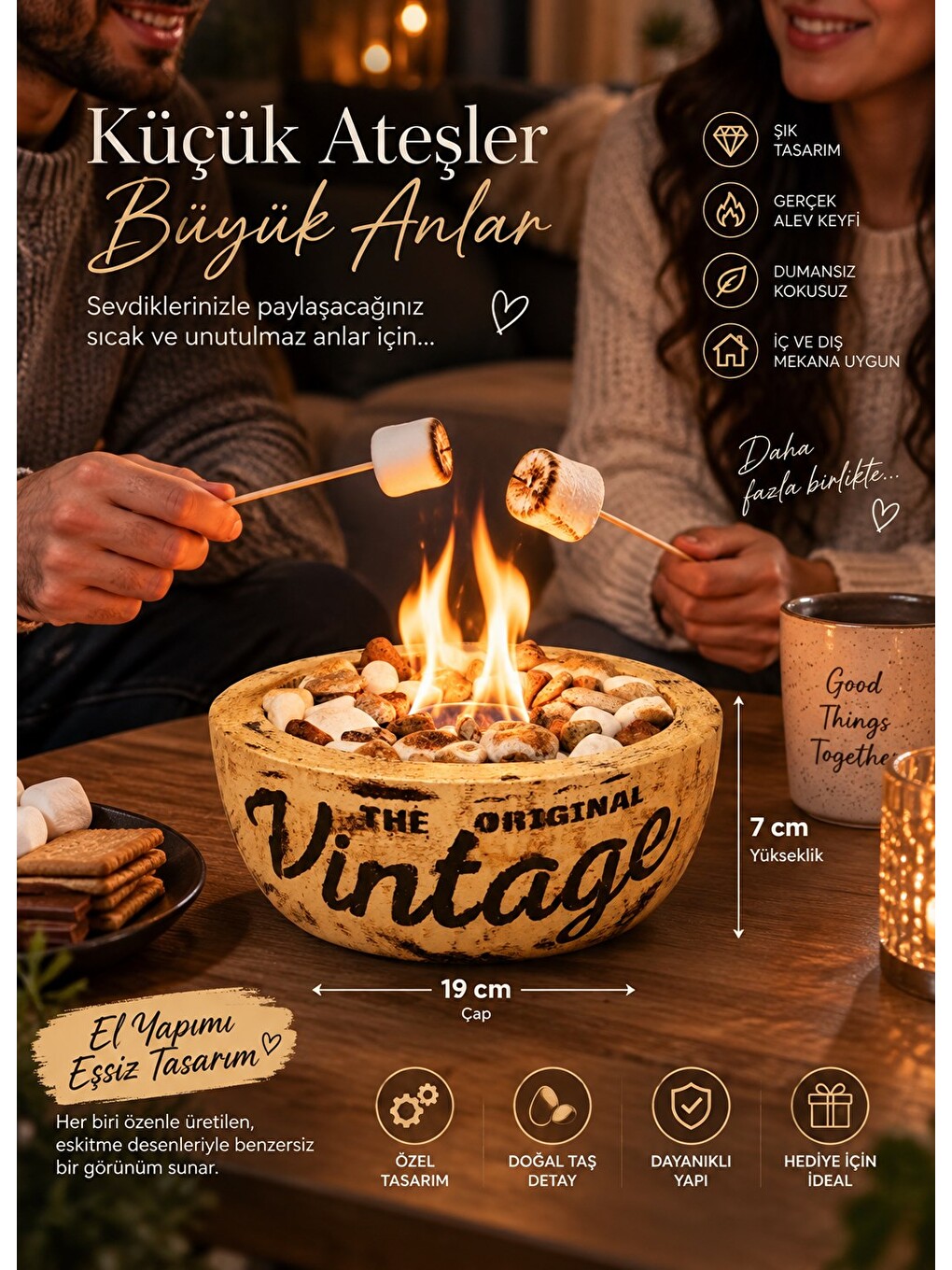 Home-300 Vintage Eskitme Desen El Yapımı Masa Şöminesi Ateş Çukuru (200ml Bioetanol)-3