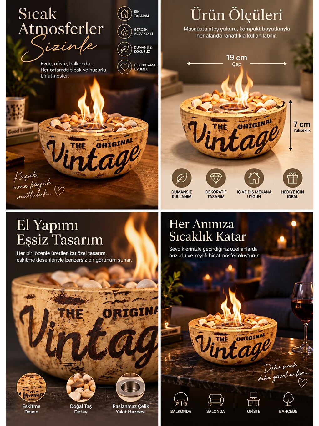 Home-300 Vintage Eskitme Desen El Yapımı Masa Şöminesi Ateş Çukuru (200ml Bioetanol)-5
