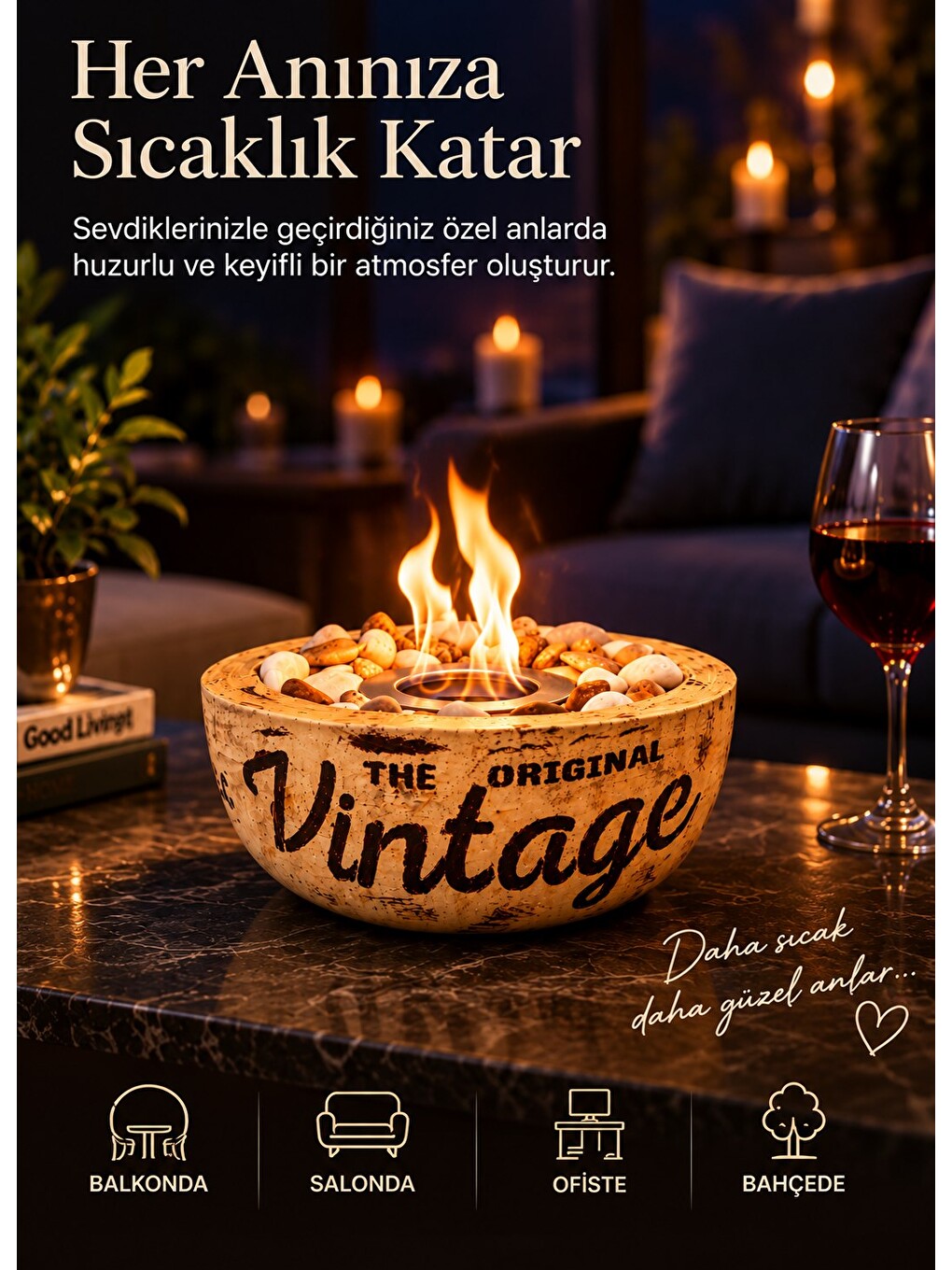 Home-300 Vintage Eskitme Desen El Yapımı Masa Şöminesi Ateş Çukuru (200ml Bioetanol)-7