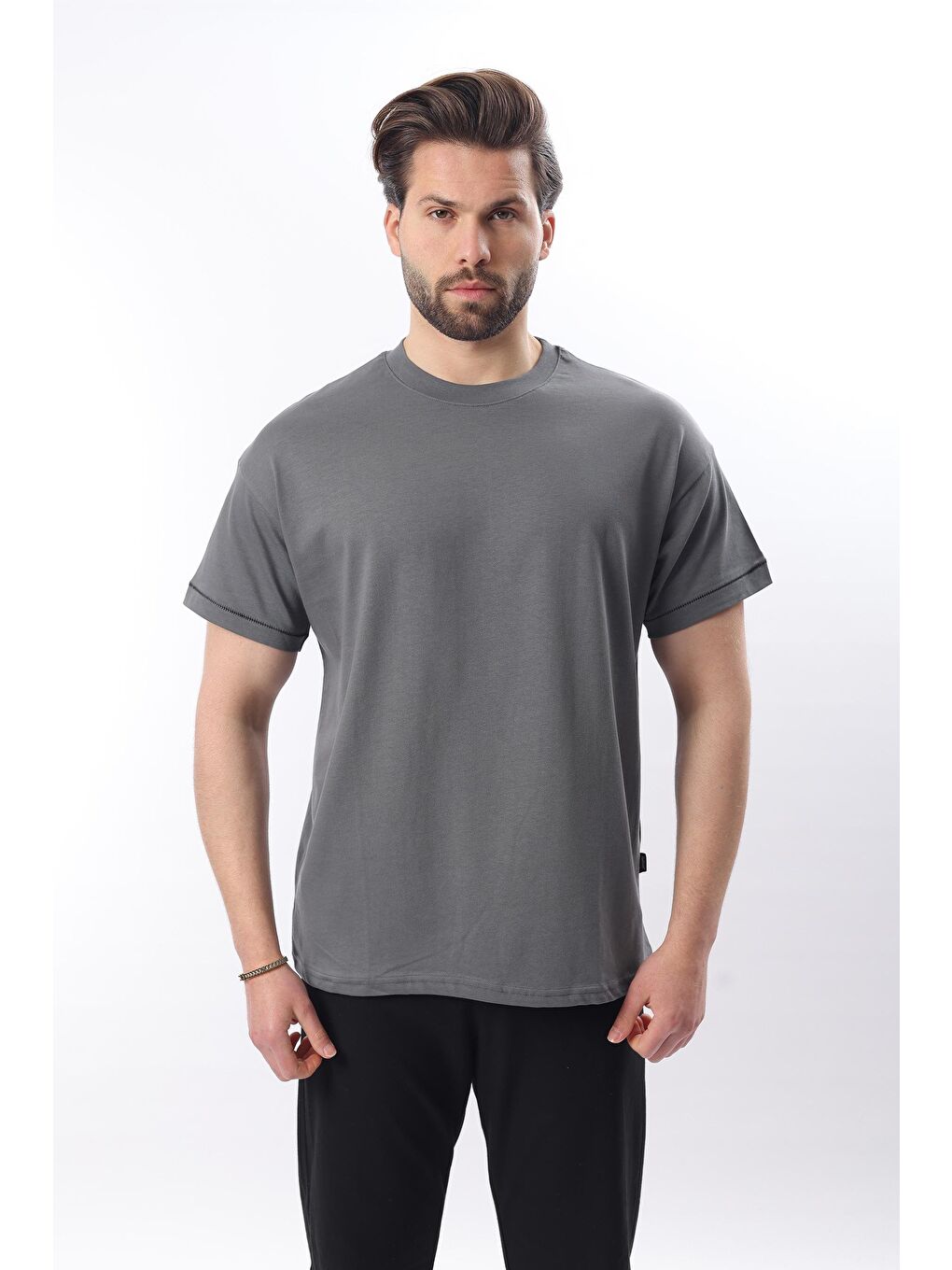 Gri Füme Bisiklet Yaka Çoban Dikişli Overfit Erkek %100 Pamuk Tişört E7103