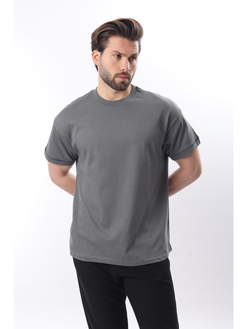 Gri Füme Bisiklet Yaka Çoban Dikişli Overfit Erkek %100 Pamuk Tişört E7103-1