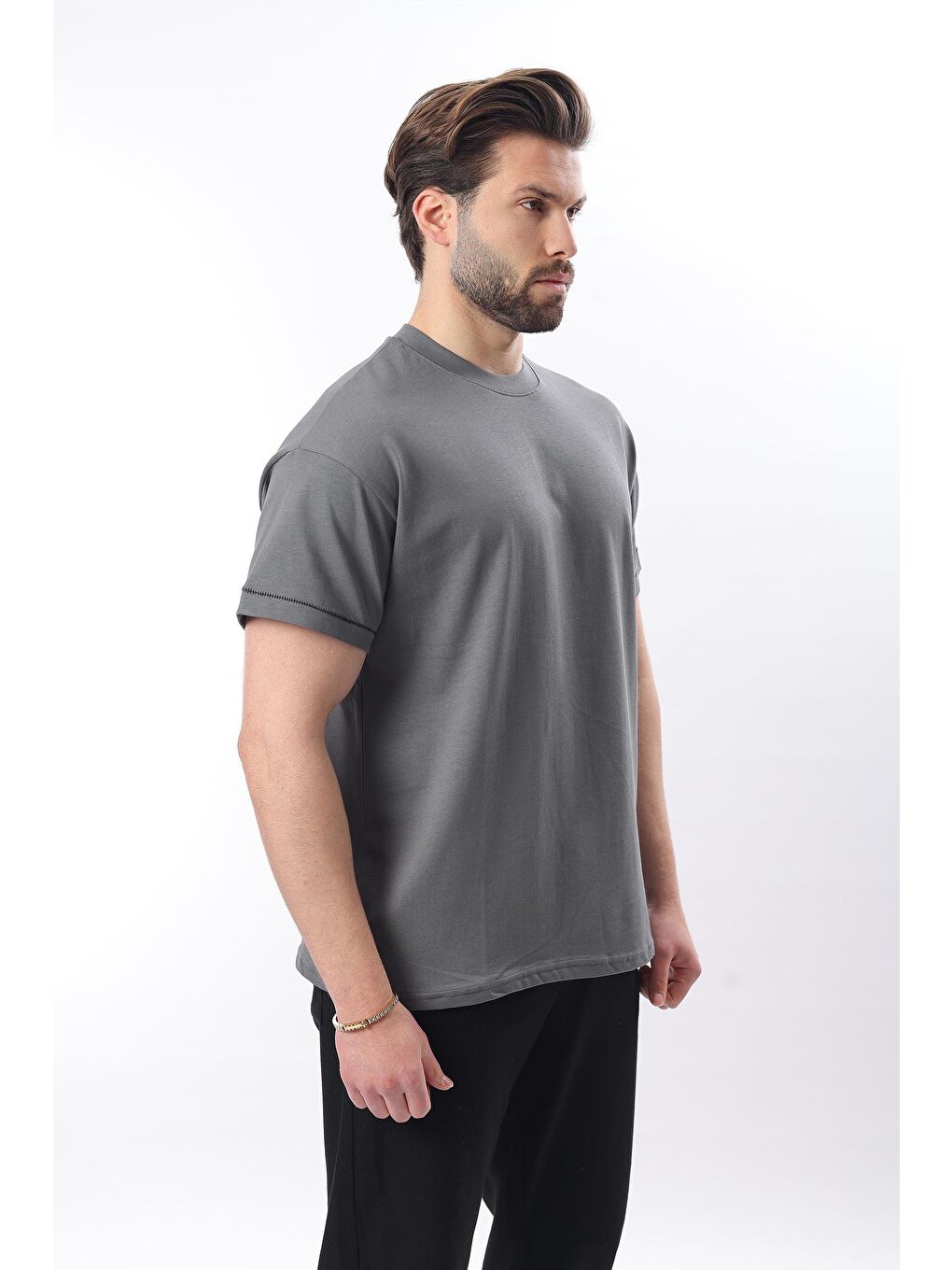 Gri Füme Bisiklet Yaka Çoban Dikişli Overfit Erkek %100 Pamuk Tişört E7103-2