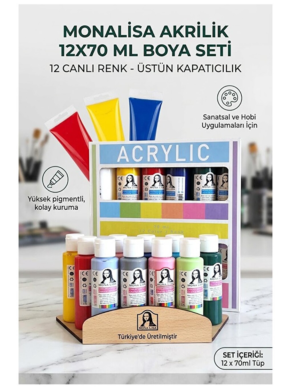 Akrilik Boya 12 Renk Pastel Ve Ana Renk 1 Paket Monalisa 70 Ml 12 Li Akrilik Boya Resim Dersi Tuval-2