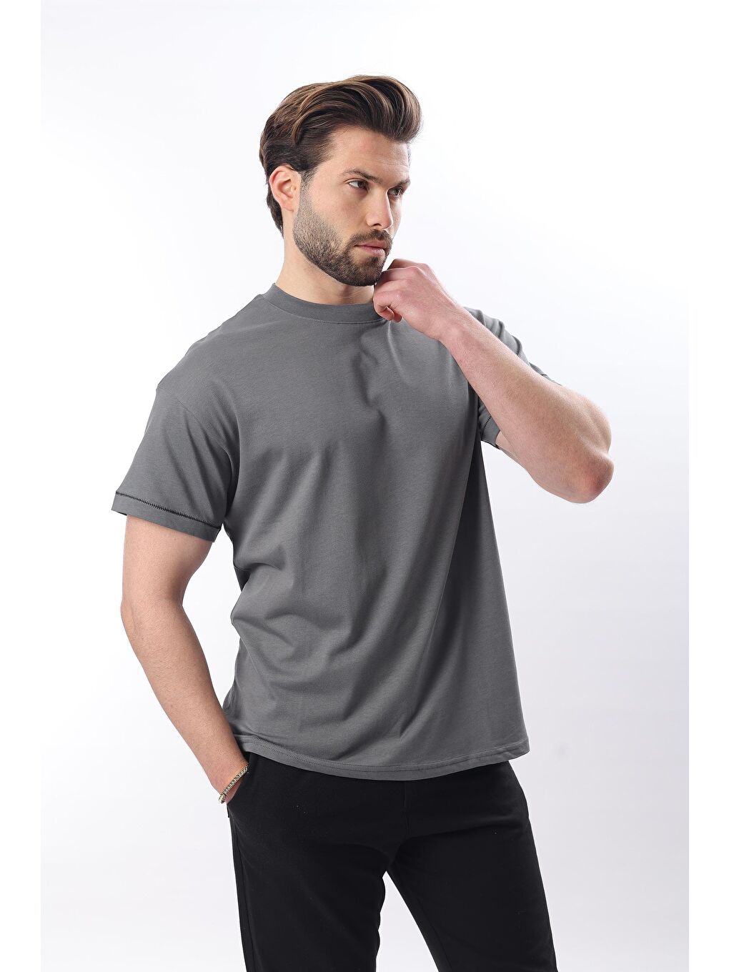 Gri Füme Bisiklet Yaka Çoban Dikişli Overfit Erkek %100 Pamuk Tişört E7103-3