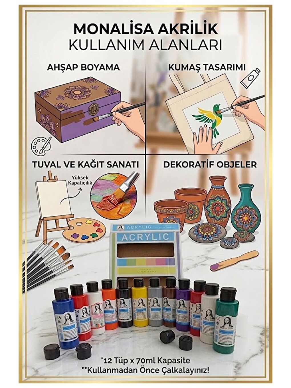 Akrilik Boya 12 Renk Pastel Ve Ana Renk 1 Paket Monalisa 70 Ml 12 Li Akrilik Boya Resim Dersi Tuval-3