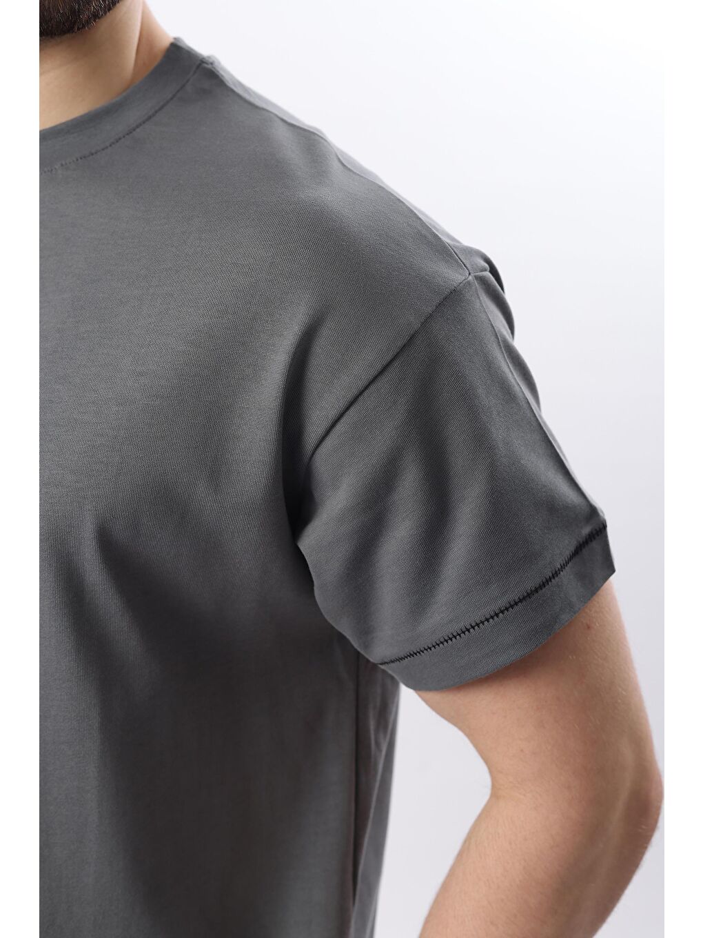 Gri Füme Bisiklet Yaka Çoban Dikişli Overfit Erkek %100 Pamuk Tişört E7103-4