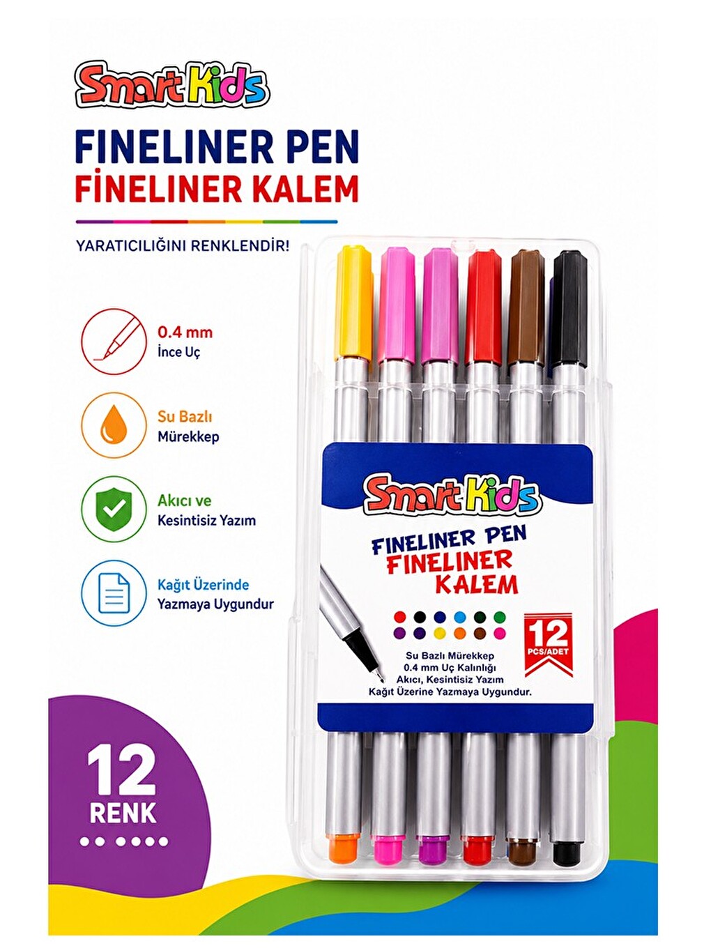 12 Renk Fineliner Kalem 0.4 Mm İnce Keçe Uçlu Kalem 1 Paket Smart Kids Fineliner Keçe Uçlu Kalem Set