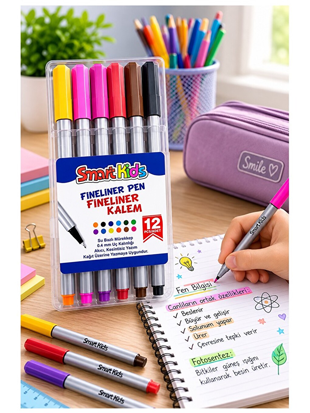 12 Renk Fineliner Kalem 0.4 Mm İnce Keçe Uçlu Kalem 1 Paket Smart Kids Fineliner Keçe Uçlu Kalem Set-1