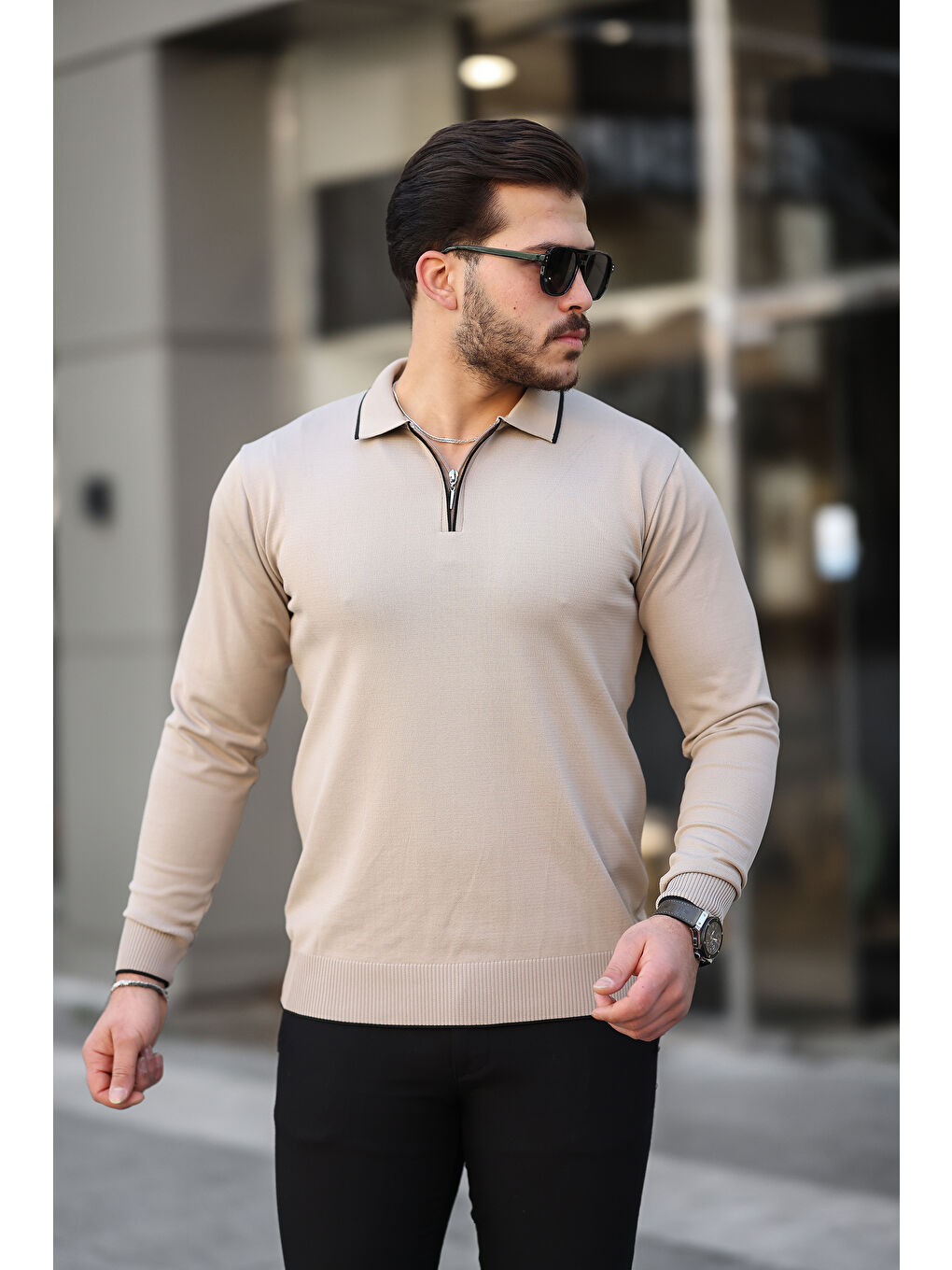Bej Fermuar Yaka Çizgi Detaylı Erkek Kazak