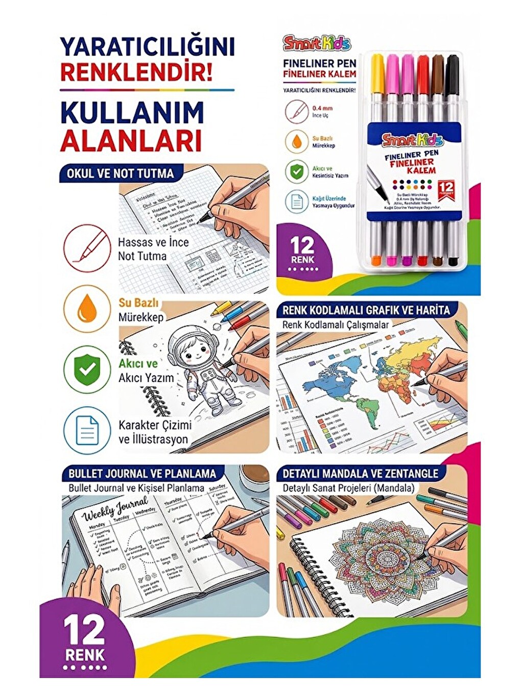 12 Renk Fineliner Kalem 0.4 Mm İnce Keçe Uçlu Kalem 1 Paket Smart Kids Fineliner Keçe Uçlu Kalem Set-2