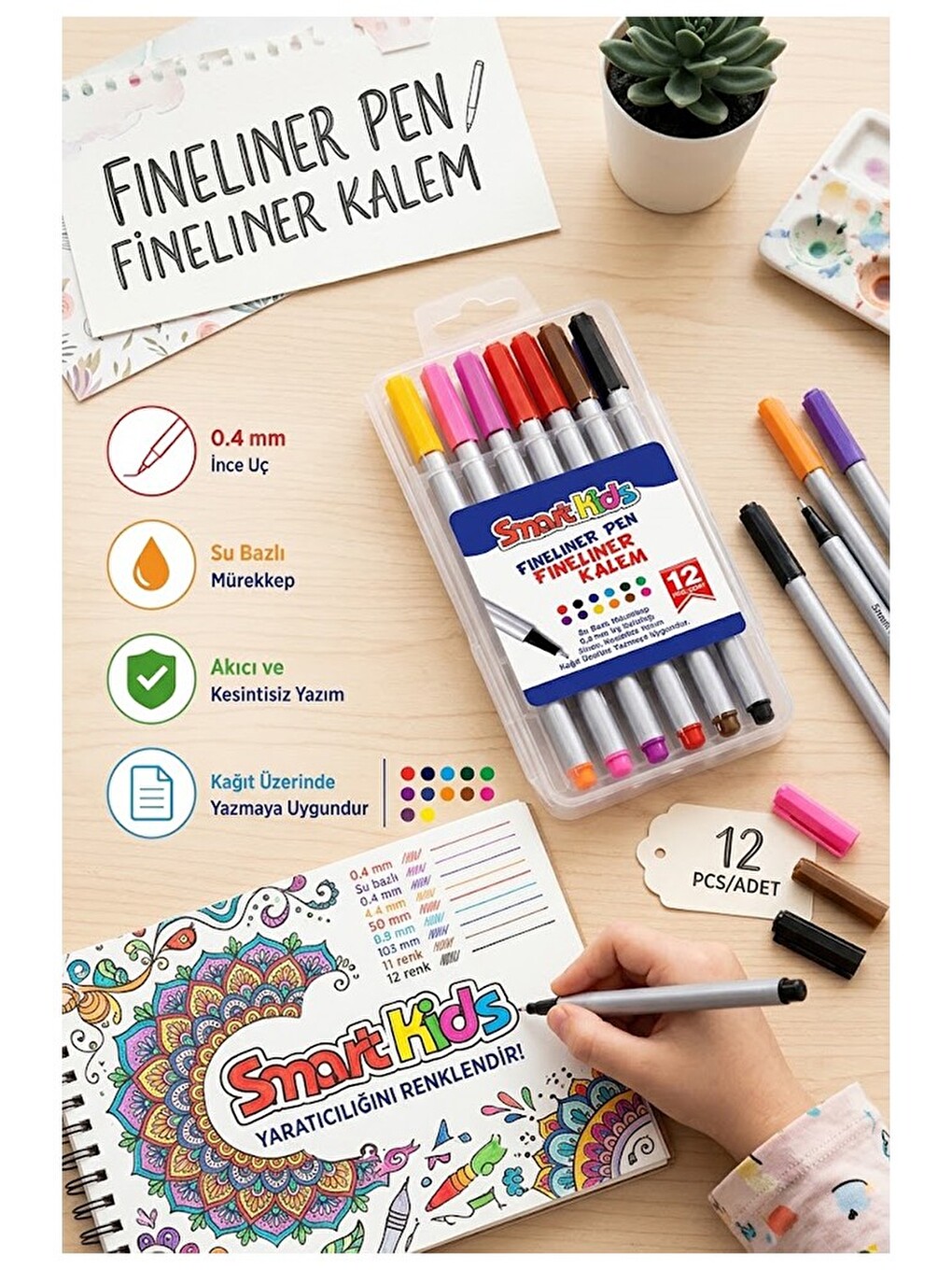 12 Renk Fineliner Kalem 0.4 Mm İnce Keçe Uçlu Kalem 1 Paket Smart Kids Fineliner Keçe Uçlu Kalem Set-3
