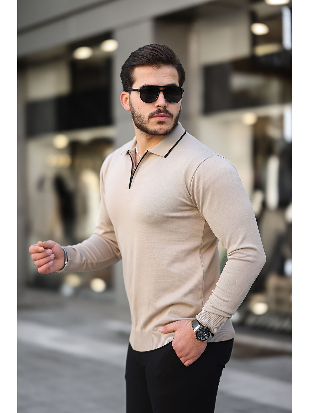 Bej Fermuar Yaka Çizgi Detaylı Erkek Kazak-2