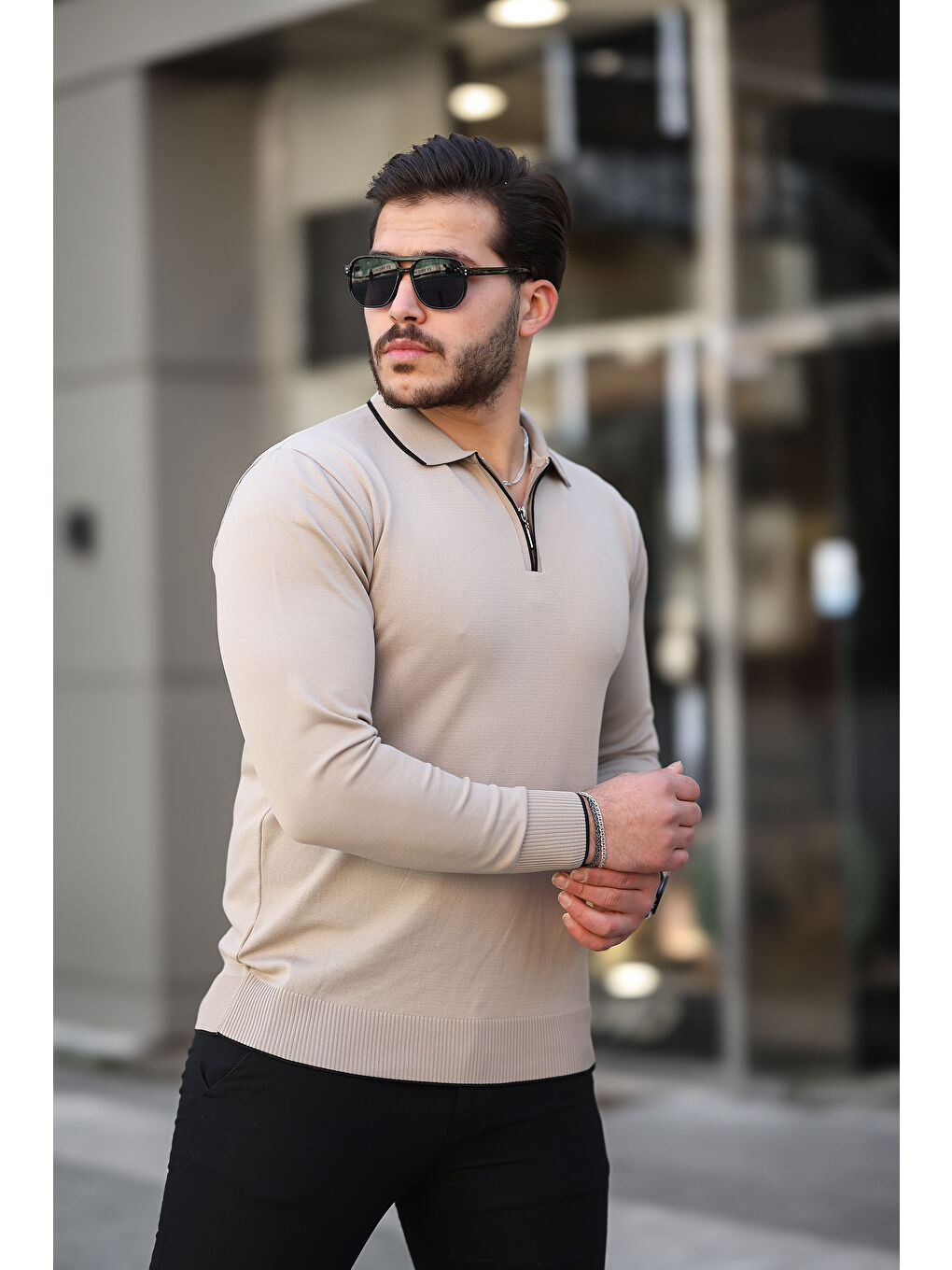 Bej Fermuar Yaka Çizgi Detaylı Erkek Kazak-3