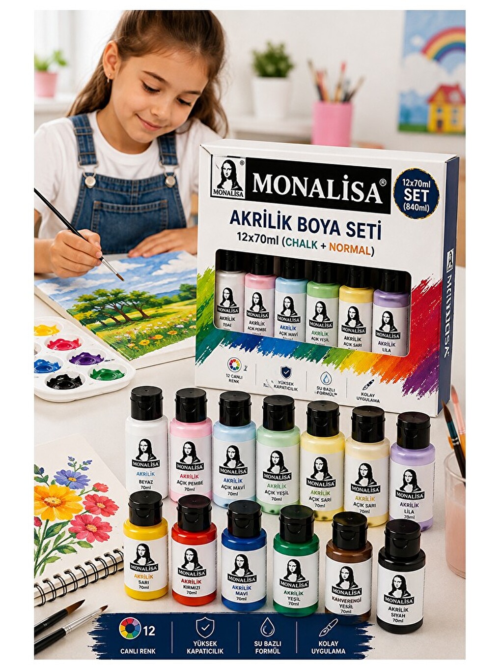 Akrilik Boya 12 Renk Pastel Ve Ana Renk 1 Paket Monalisa 70 Ml 12 Li Akrilik Boya Resim Dersi Tuval-1