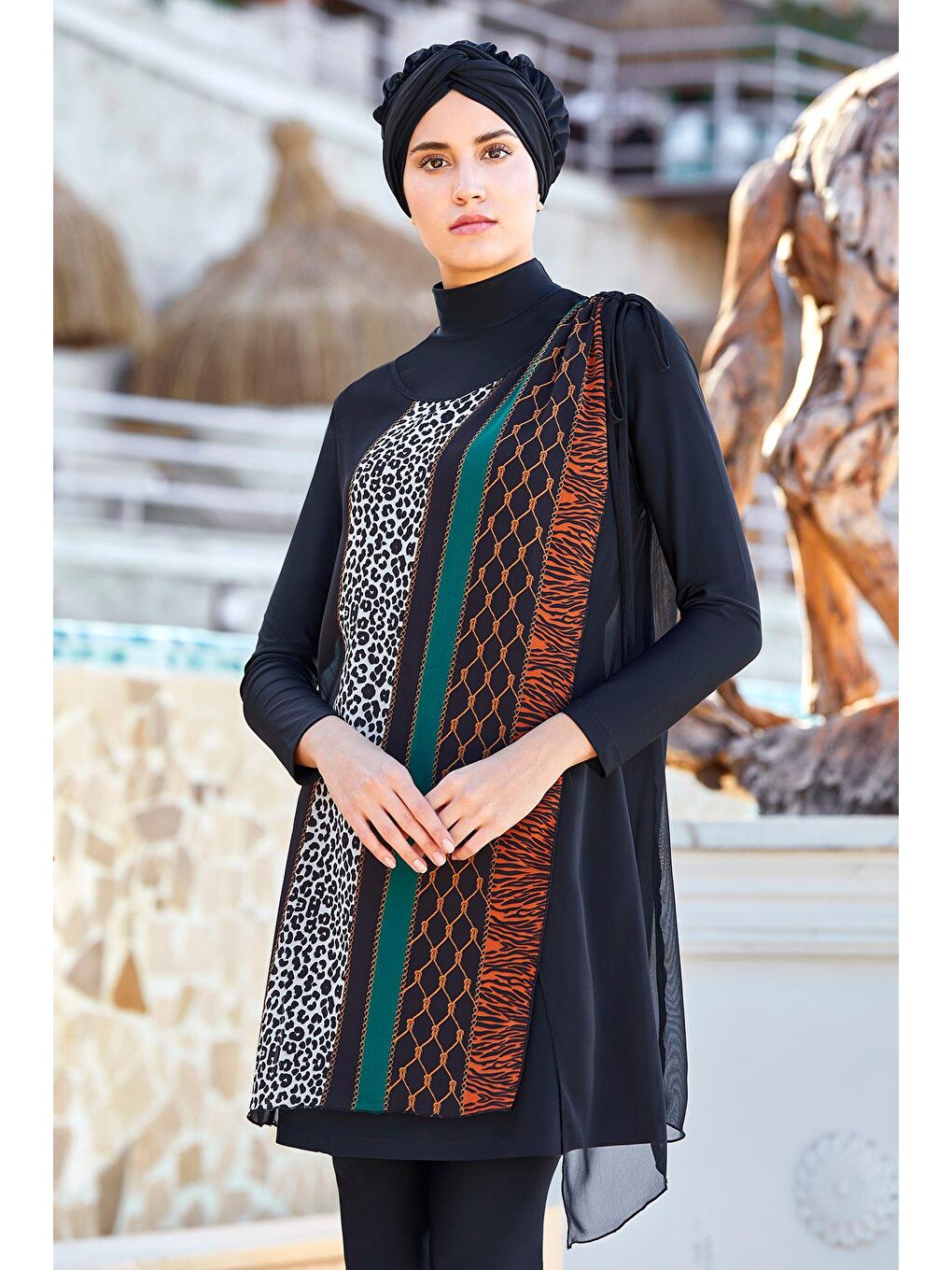3'lü Pareolu Likralı Tam Kapalı Tesettür Mayo  4363 Siyah