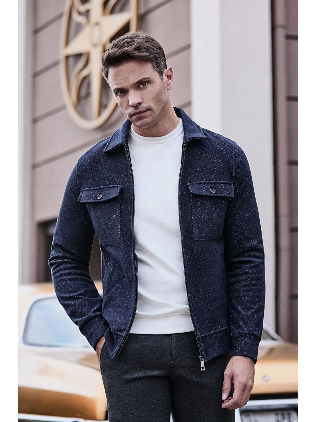 İMZA Koyu Lacivert Örme Bebe Yaka Kendinden Desenli Yırtmaçsız Astarsız Slim Fit Classic Mont 1007245156