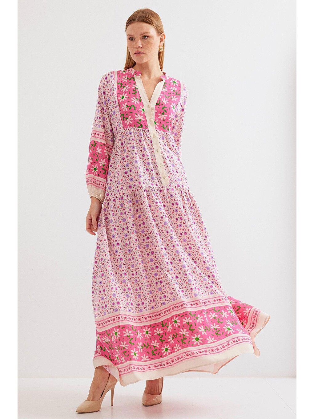 2423 Otantik Desenli Elbise - Pembe