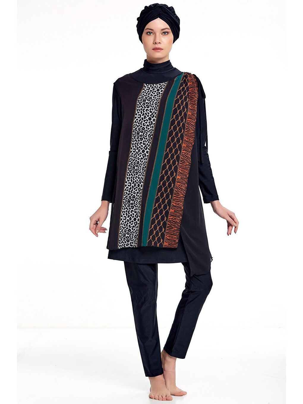 3'lü Pareolu Likralı Tam Kapalı Tesettür Mayo  4363 Siyah-1