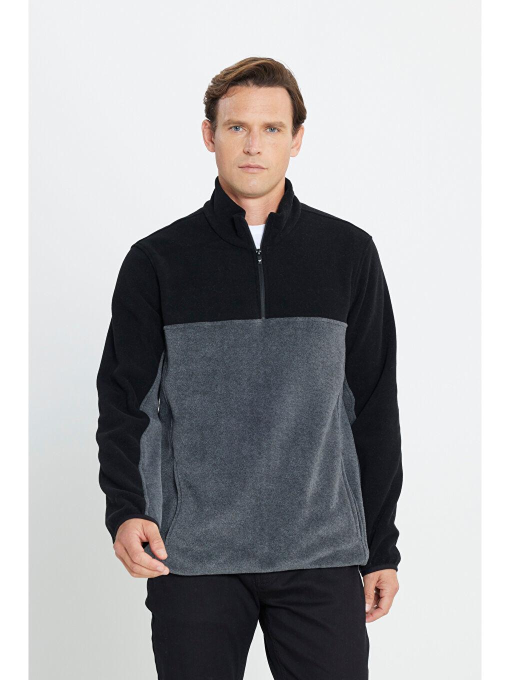 Erkek Siyah-Antrasit Standart Fit Dik Yaka İçi Polarlı Çift Renk Polar Sweatshirt