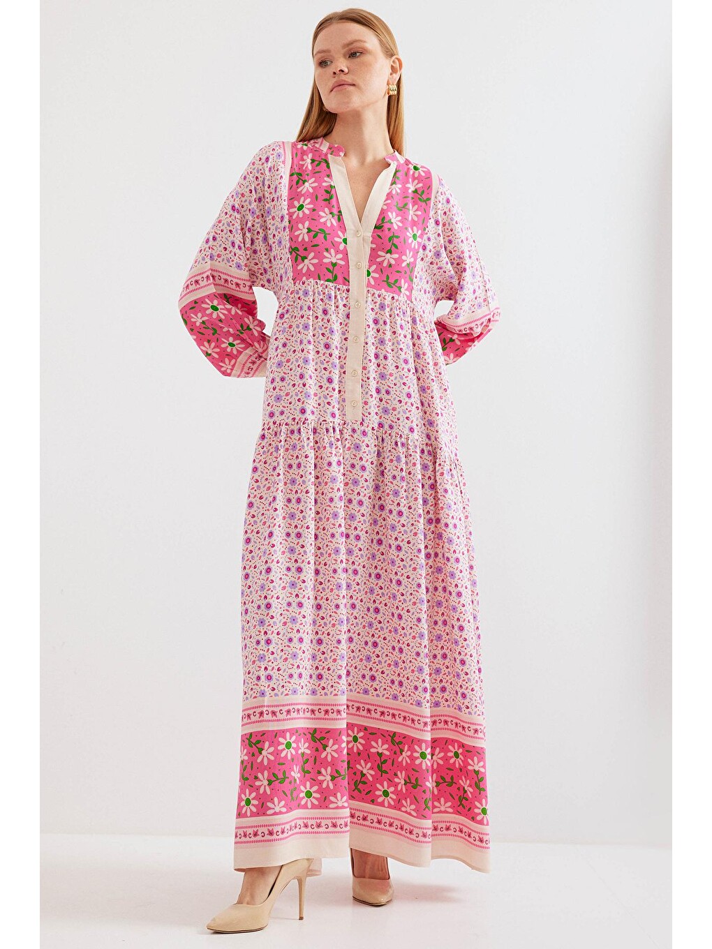2423 Otantik Desenli Elbise - Pembe-1