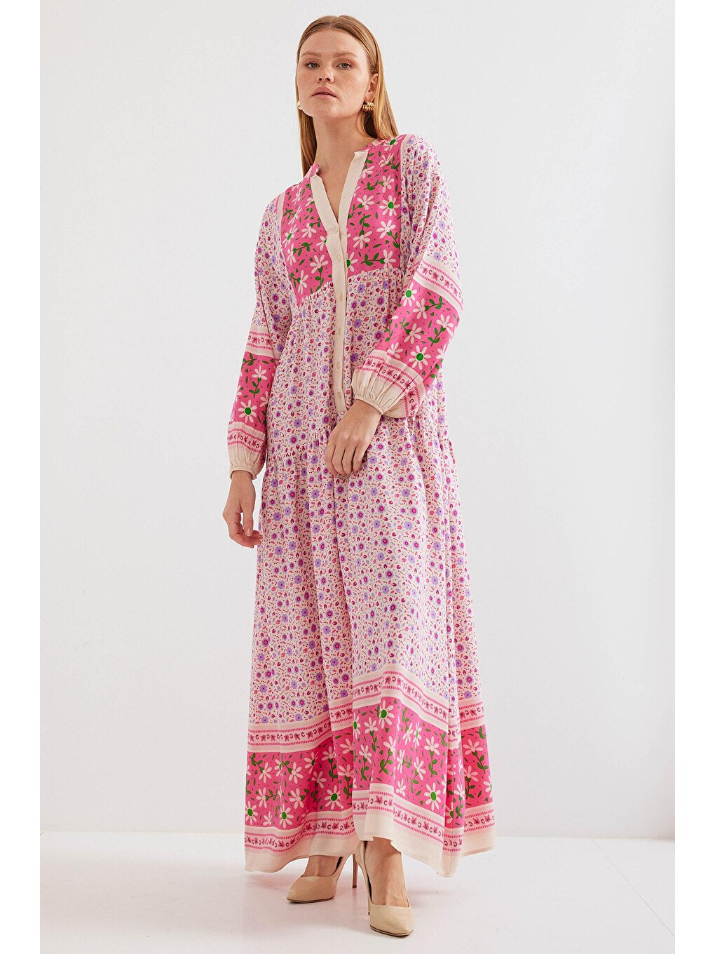 2423 Otantik Desenli Elbise - Pembe-2