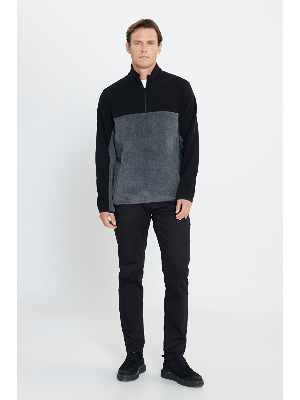 Erkek Siyah-Antrasit Standart Fit Dik Yaka İçi Polarlı Çift Renk Polar Sweatshirt-1
