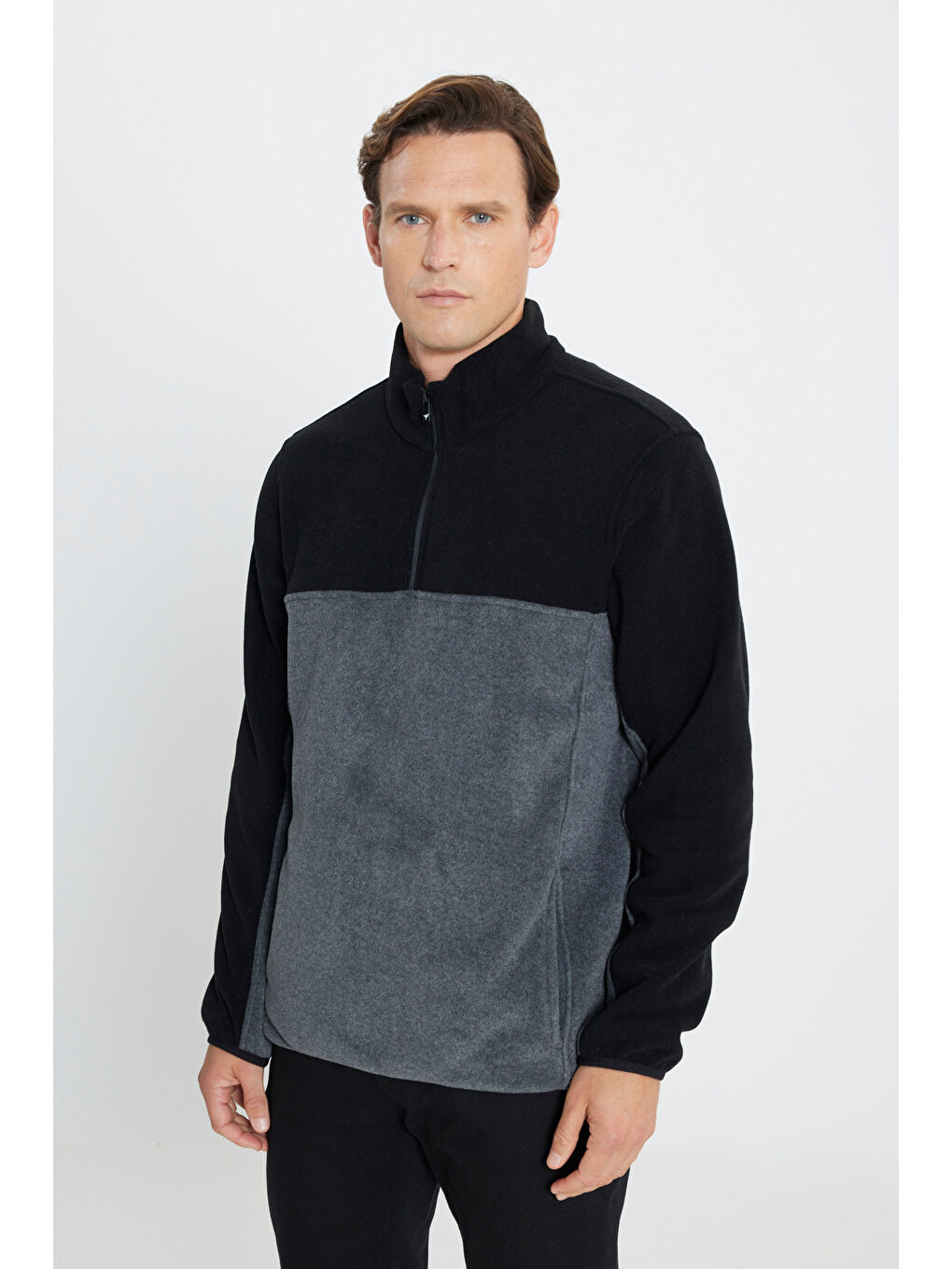 Erkek Siyah-Antrasit Standart Fit Dik Yaka İçi Polarlı Çift Renk Polar Sweatshirt-2
