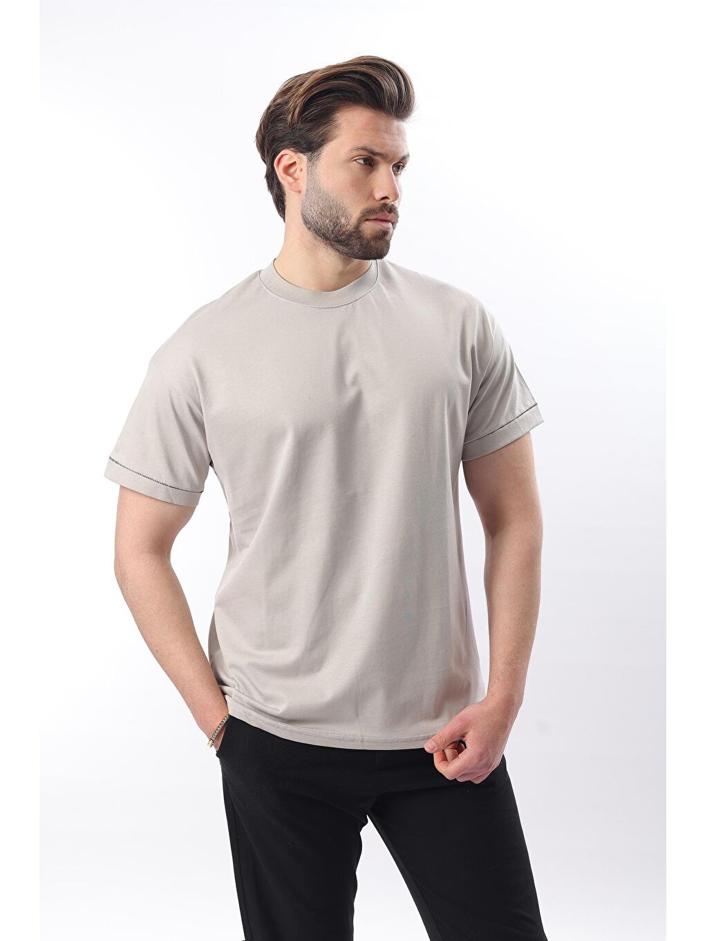 Boyalı Gri Bisiklet Yaka Çoban Dikişli Overfit Erkek %100 Pamuk Tişört E7103-1