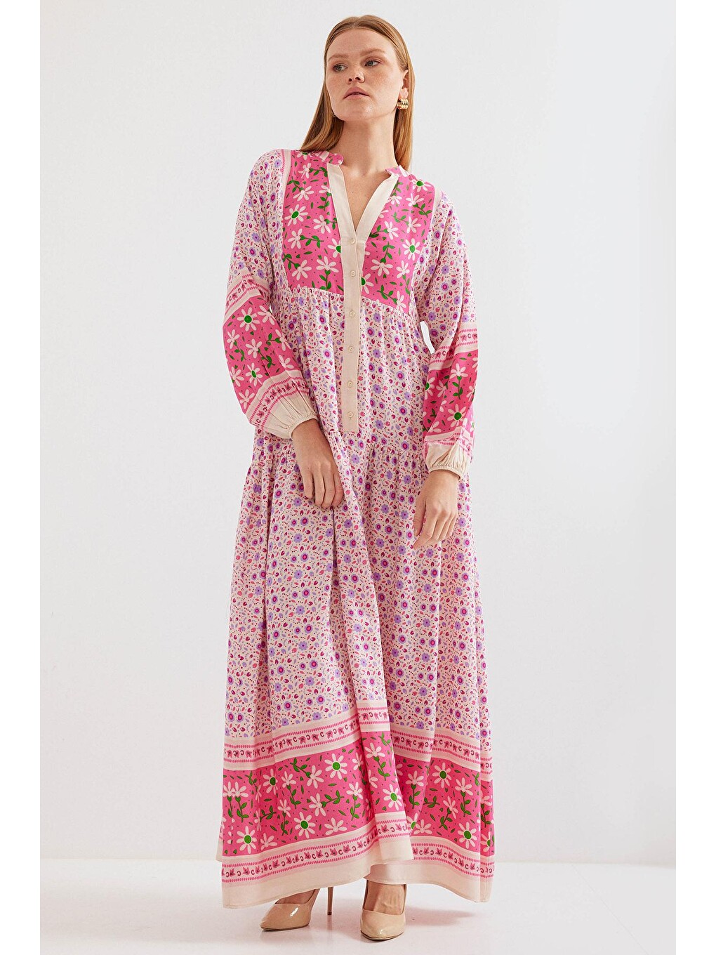 2423 Otantik Desenli Elbise - Pembe-3