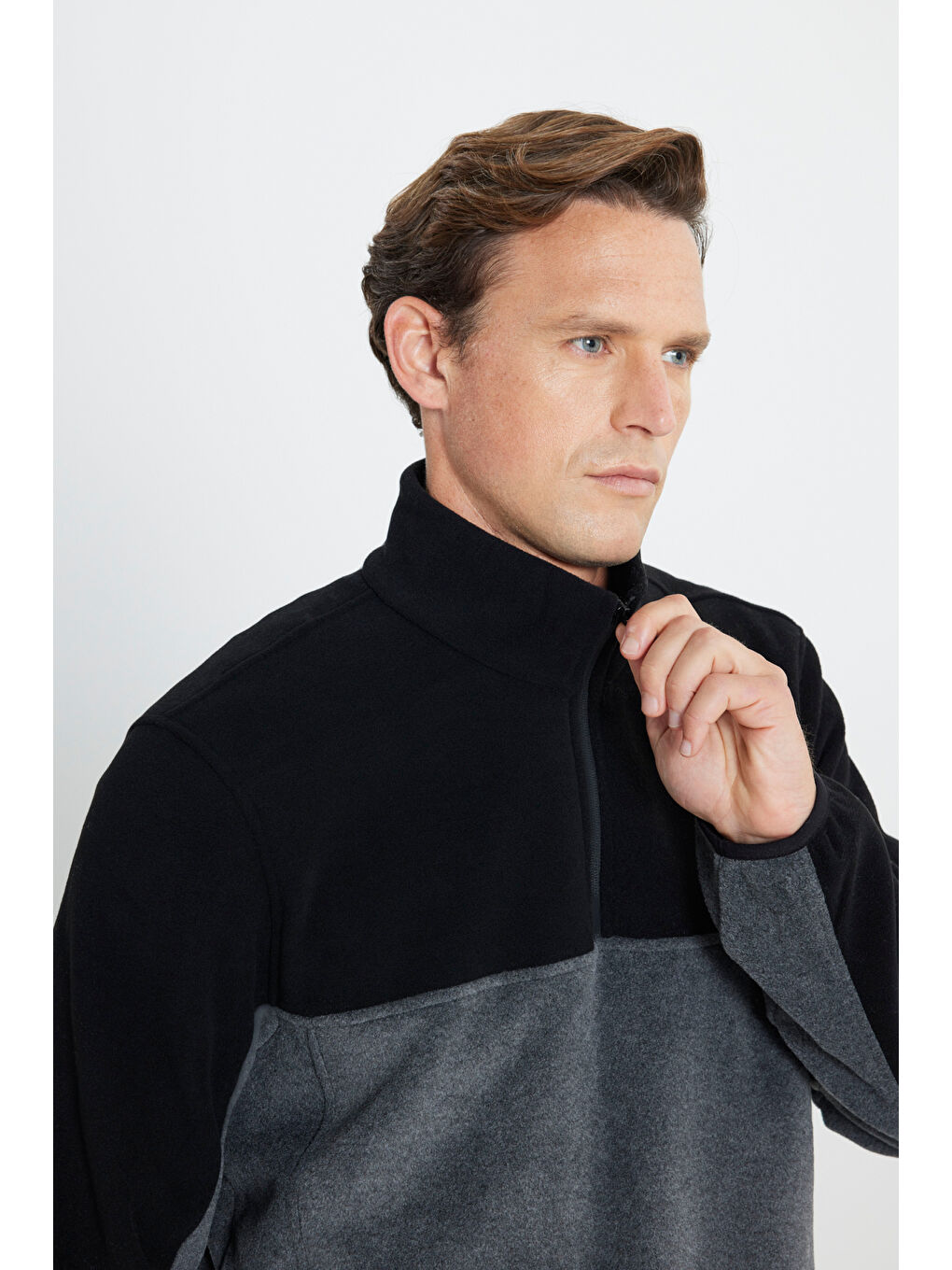 Erkek Siyah-Antrasit Standart Fit Dik Yaka İçi Polarlı Çift Renk Polar Sweatshirt-3