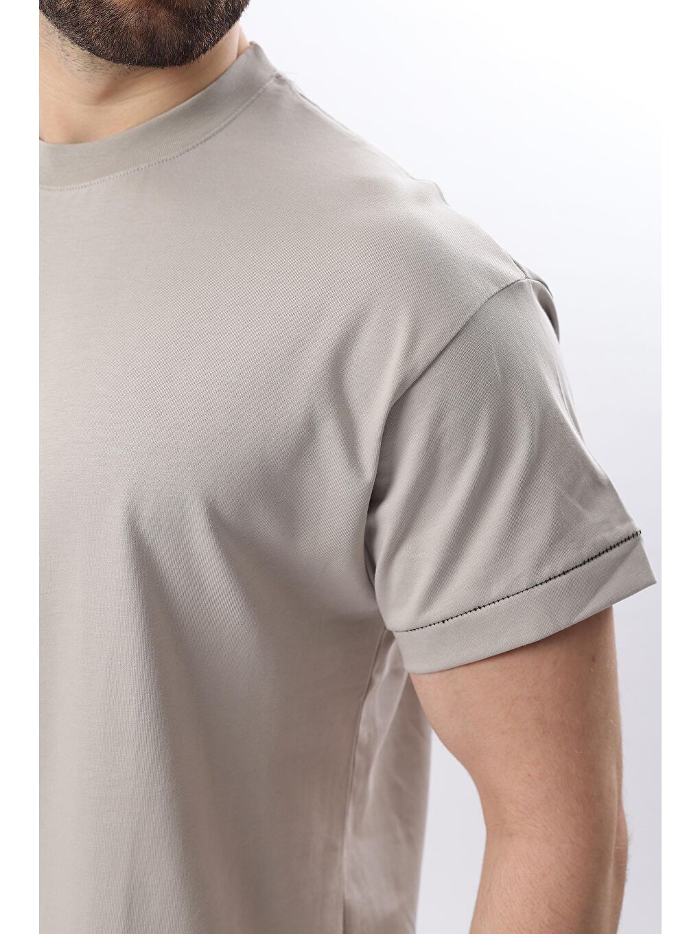 Boyalı Gri Bisiklet Yaka Çoban Dikişli Overfit Erkek %100 Pamuk Tişört E7103-2