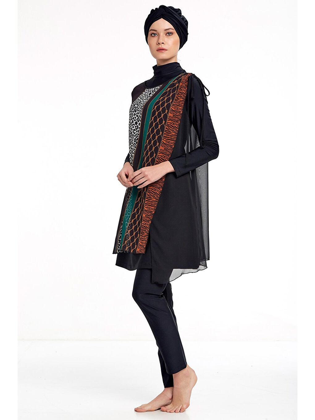 3'lü Pareolu Likralı Tam Kapalı Tesettür Mayo  4363 Siyah-2