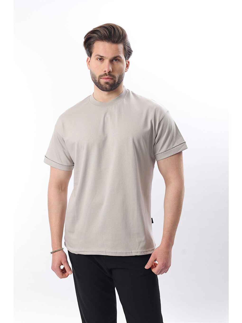 Boyalı Gri Bisiklet Yaka Çoban Dikişli Overfit Erkek %100 Pamuk Tişört E7103-3