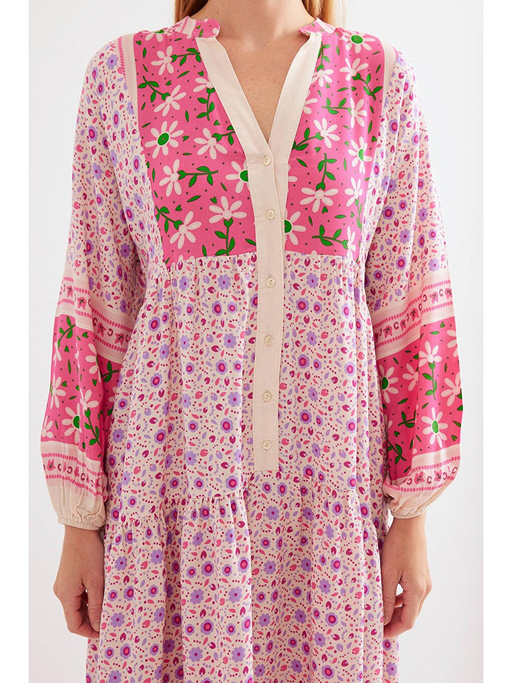 2423 Otantik Desenli Elbise - Pembe-4