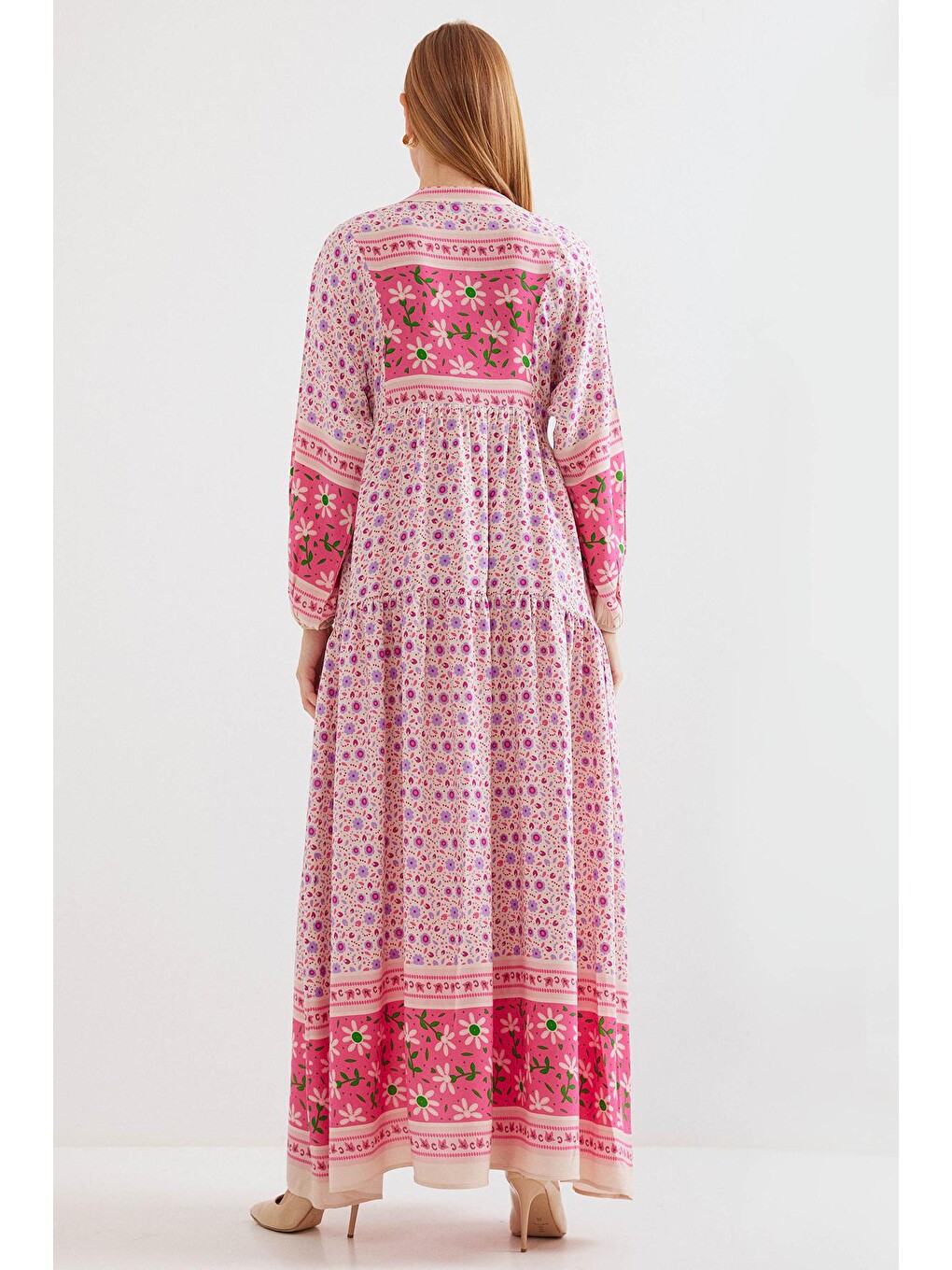 2423 Otantik Desenli Elbise - Pembe-5