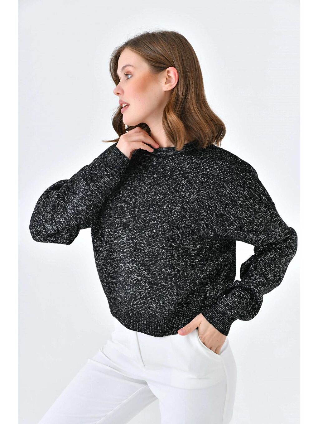 Siyah Bisiklet Yaka Simli Triko Kazak-3