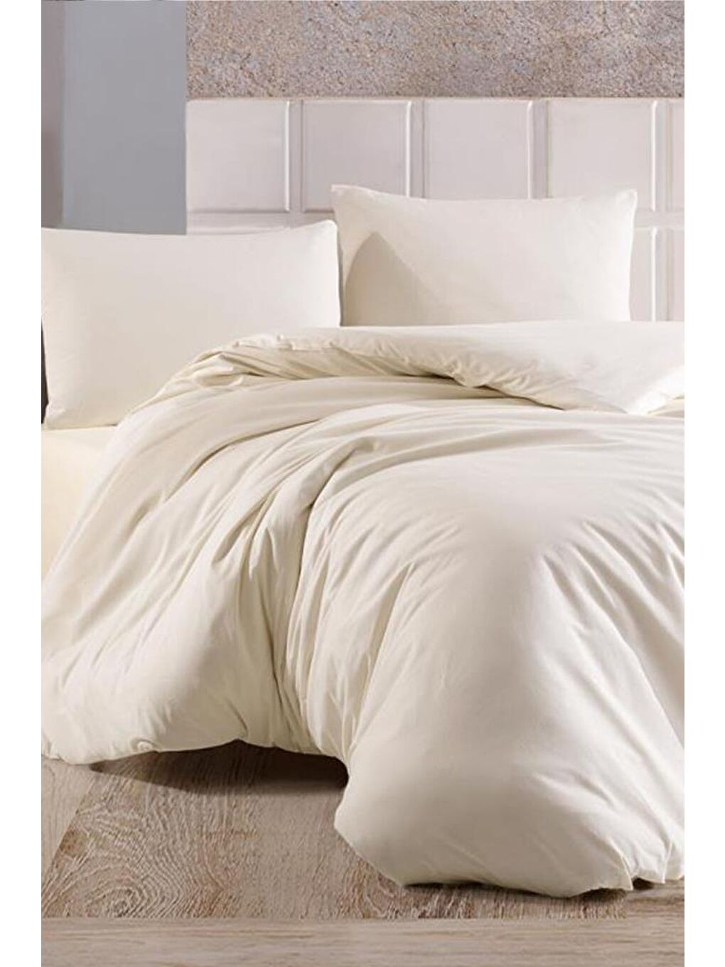 Ekru Almond Lastikli Çarşaflı Çift Kişilik Nevresim Takımı Krem-1