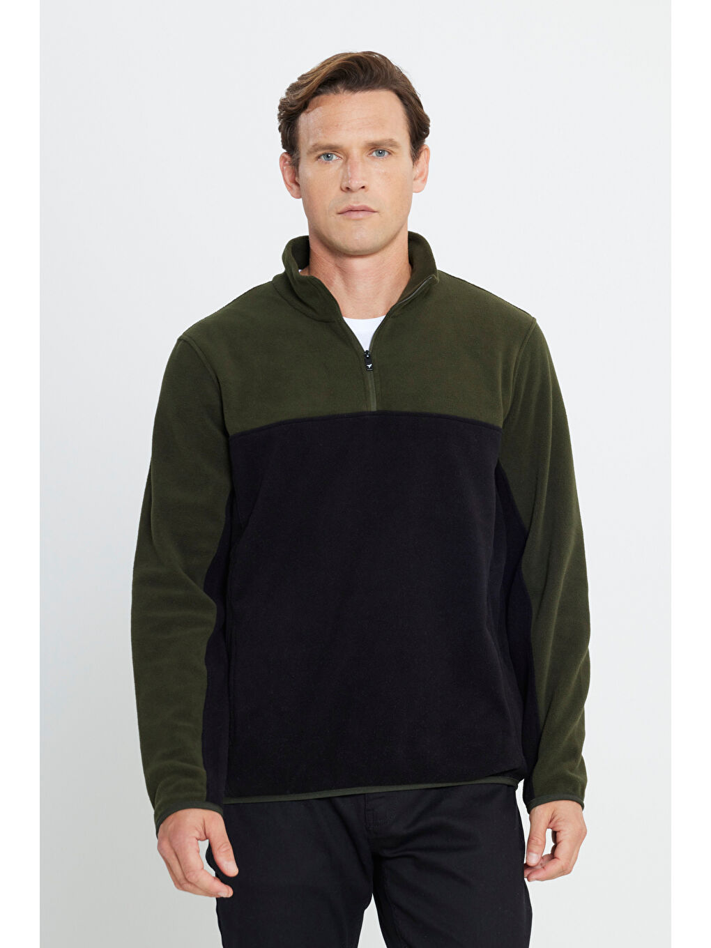 Erkek Haki-Siyah Standart Fit Dik Yaka İçi Polarlı Çift Renk Polar Sweatshirt