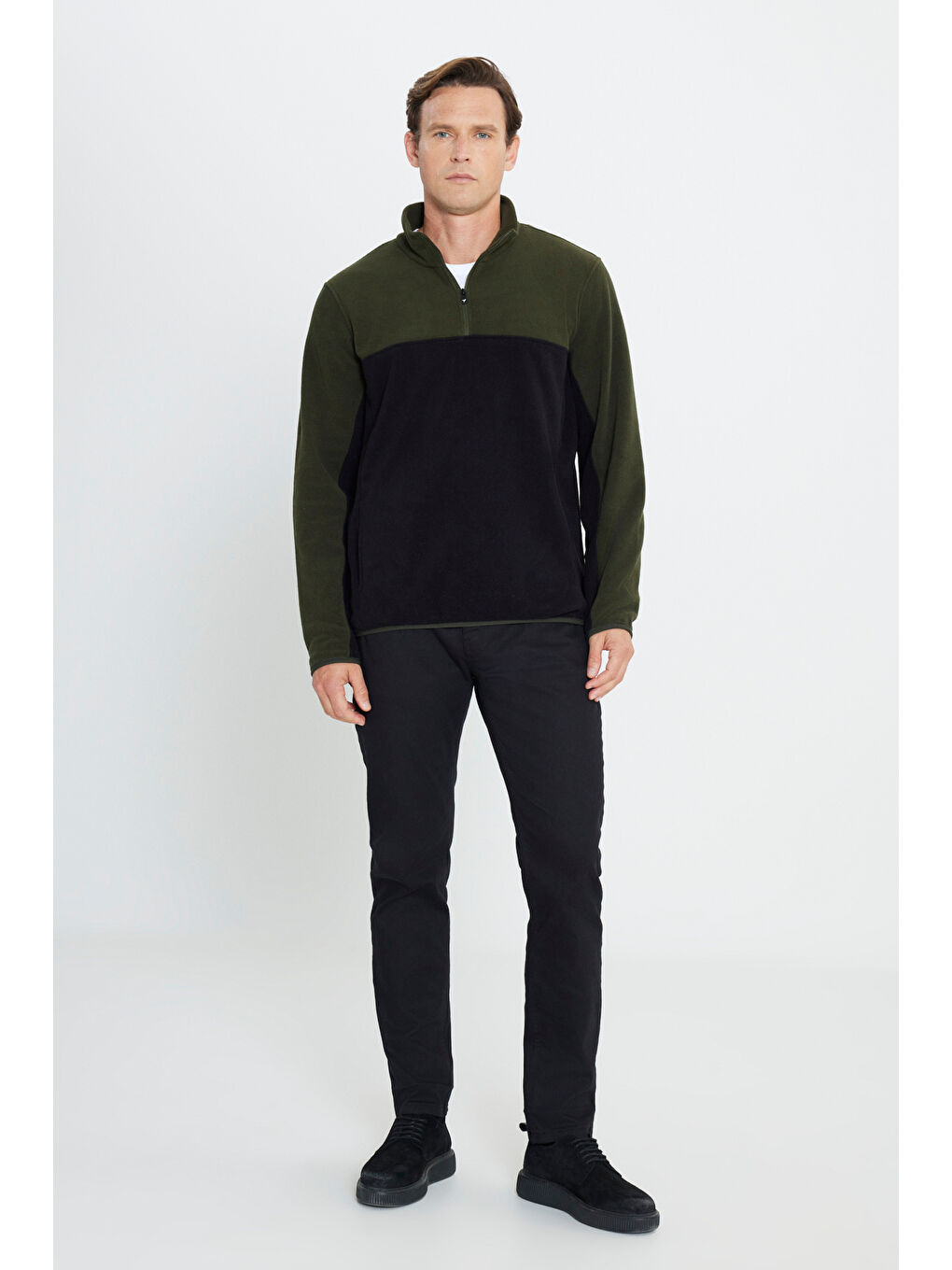 Erkek Haki-Siyah Standart Fit Dik Yaka İçi Polarlı Çift Renk Polar Sweatshirt-1